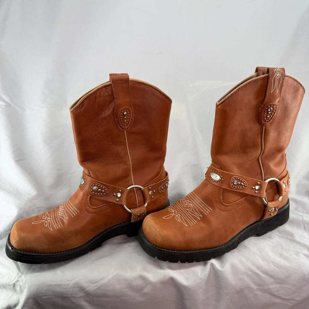 Roper 9.5 Brown Leather Western Harness Chunk Boots Studded Lug Sole Womens